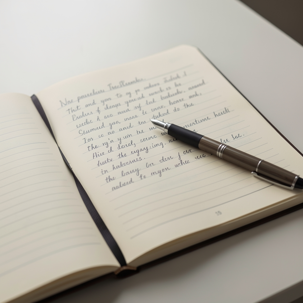 Close-up of handwritten field notes with a pen resting across an open notebook page on a clean desk surface