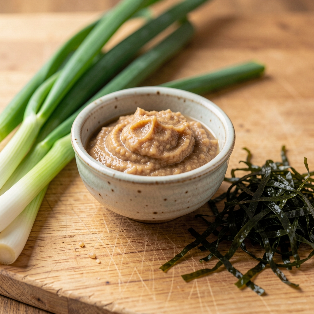 Close-up of miso paste in a small ceramic bowl beside fresh spring onions and dried seaweed on a wooden preparation surface