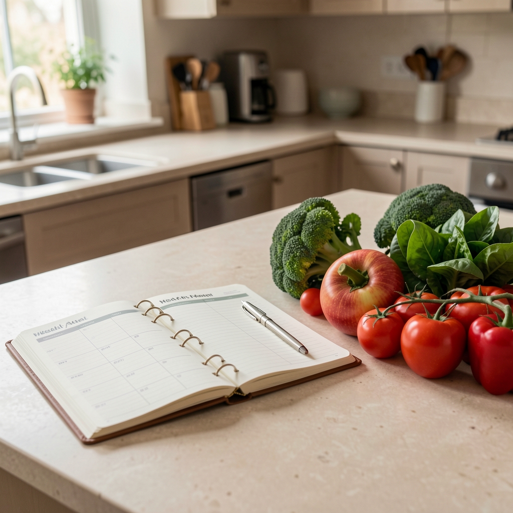 Open weekly meal planner notebook beside fresh produce on a light stone countertop in a quiet kitchen